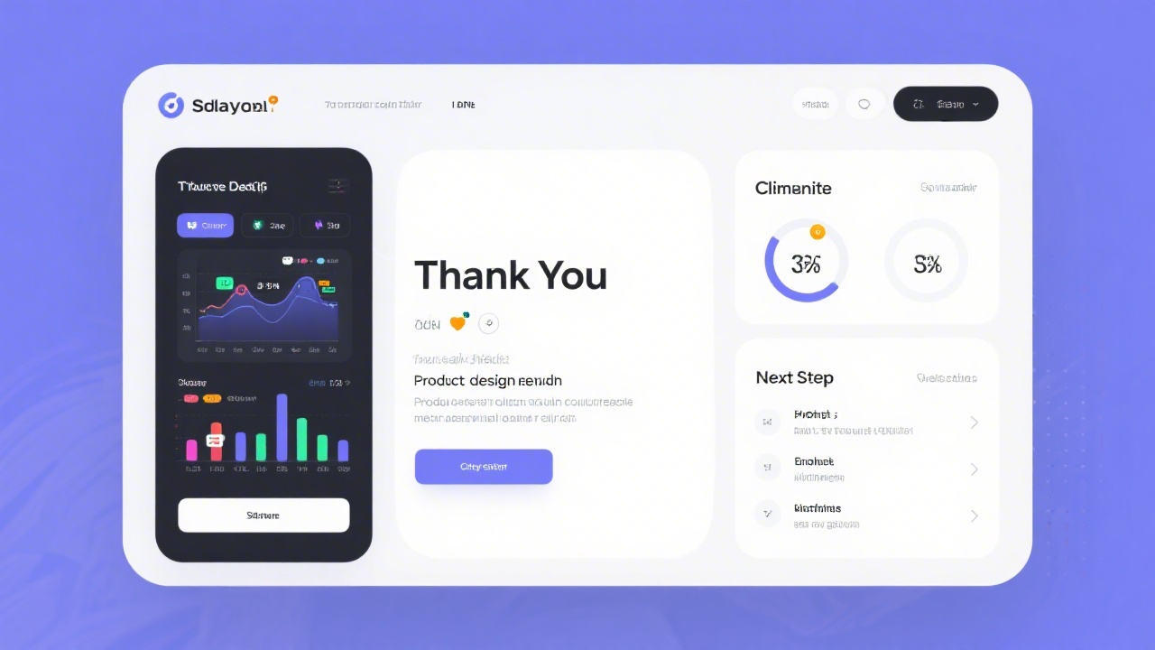 Thank you screen concept showing dynamic analytics widgets, client sentiment indicators, and next-step checklist confirming successful submission of product design consultation request.