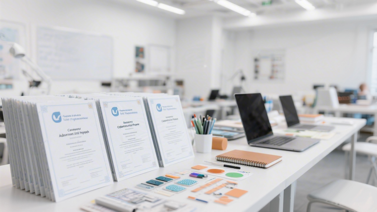 Certificates of completion for advanced user interface programs neatly arranged beside laptops, notebooks, and tactile prototyping materials inside bright educational studio.