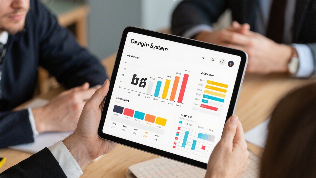Illustrated design system overview featuring typography scales, color tokens, spacing matrix, and accessibility annotations displayed on tablet during executive briefing with Czech startup founders.