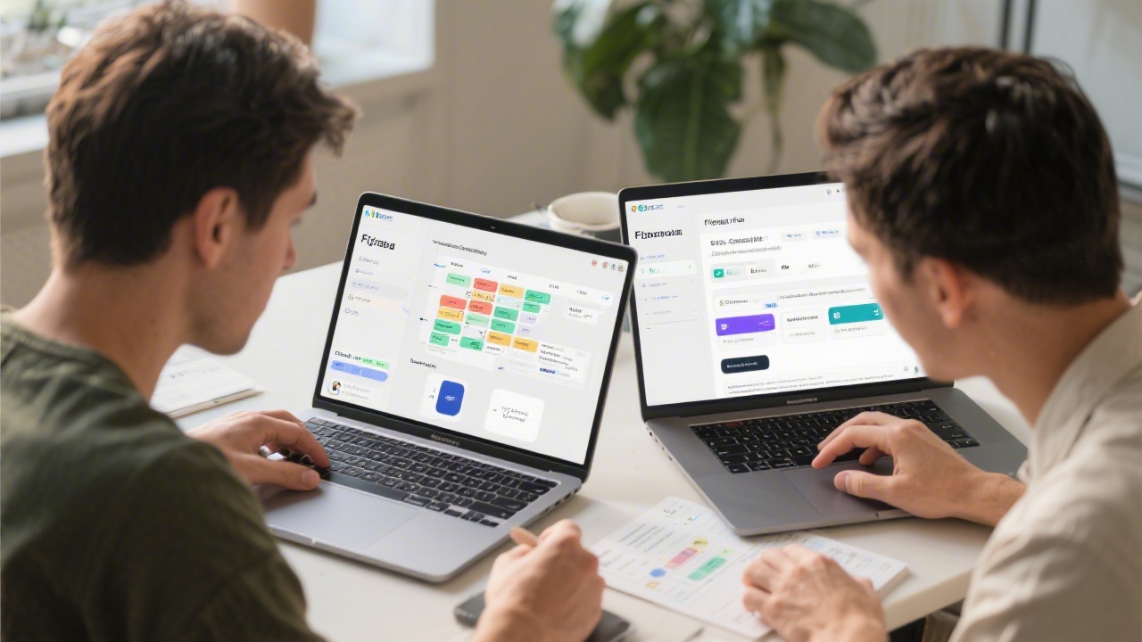 Two designers co-editing Figma components on laptops while mapping interaction states and documenting responsive constraints for cross-platform financial services application prototype usability review.