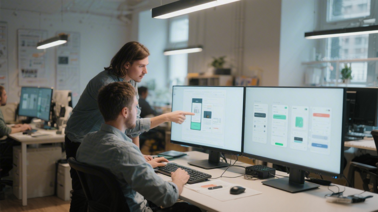 Modern Prague design studio open workspace with designers reviewing product interface mockups on large monitors under ambient lighting focusing on strategic user experience decisions.