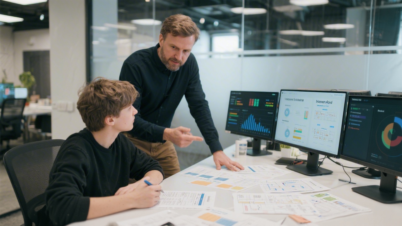 Experienced mentor guiding junior product designer through interaction audit worksheets, service blueprint printouts, and performance metrics dashboards inside modern Prague innovation lab.