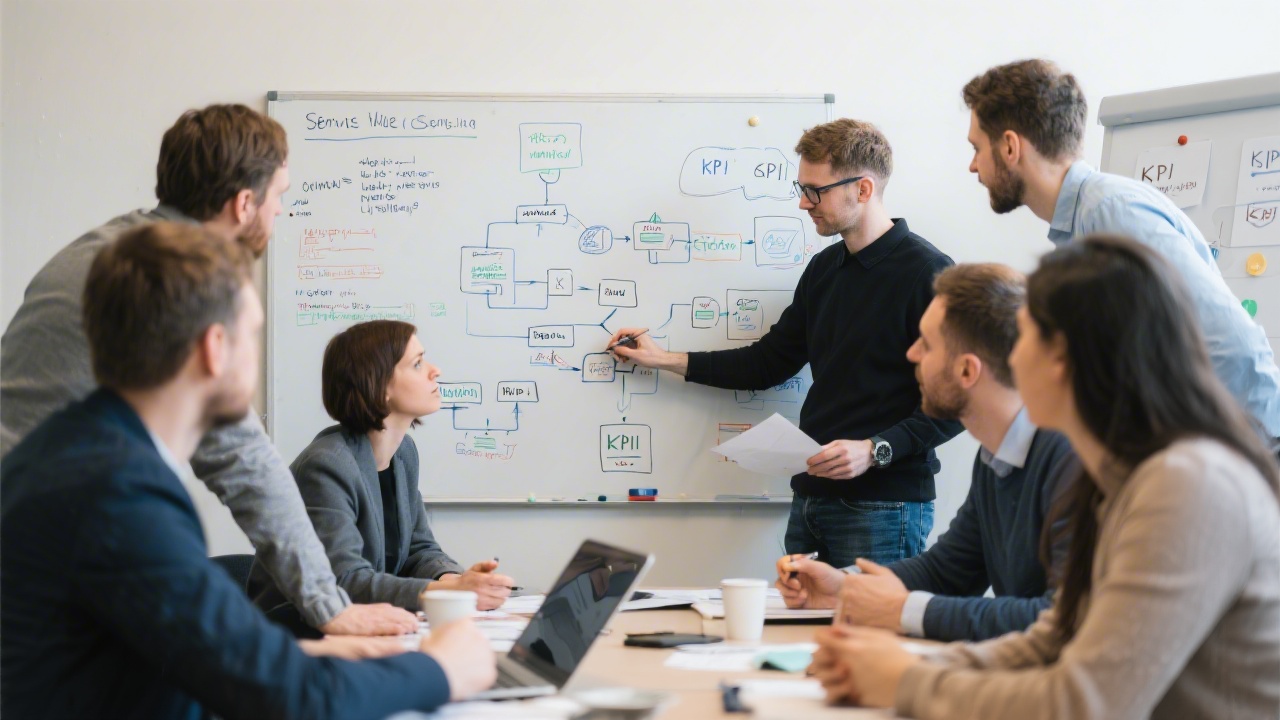 Group of Czech product managers and UI specialists collaborating around whiteboard covered with service blueprints, workflow diagrams, and measured KPIs during hands-on design method workshop session.