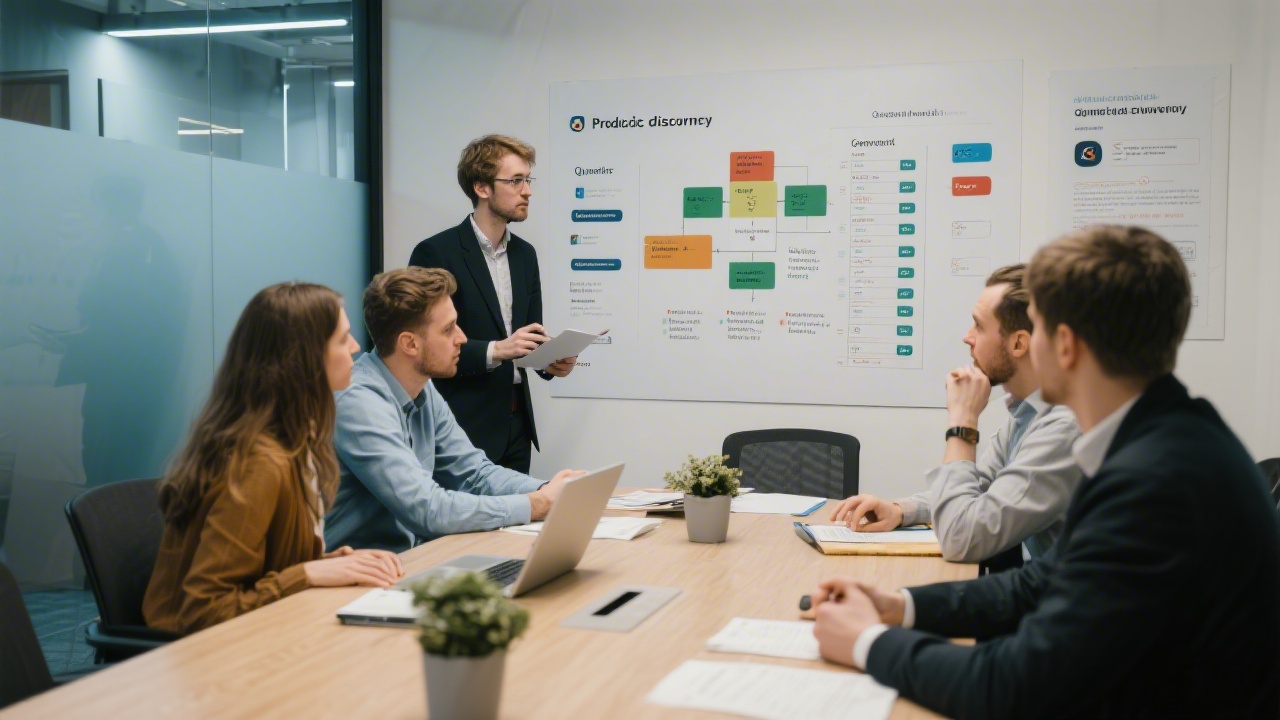 Product discovery team discussing qualitative insights, prioritization canvas, and governance checklist while aligning sprint goals within Czech technology company meeting room.