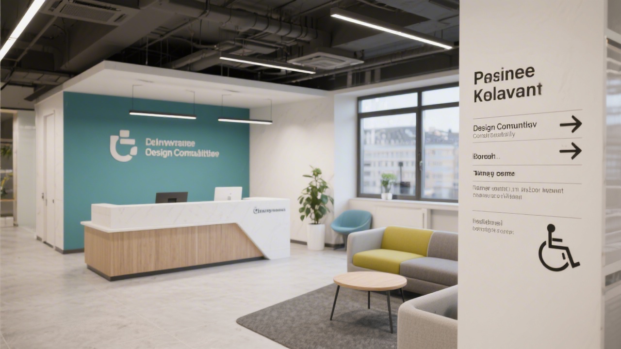 Contemporary Prague office reception with directional signage, accessibility-friendly seating, and branded wayfinding ready to welcome visiting clients seeking design transformation consulting.